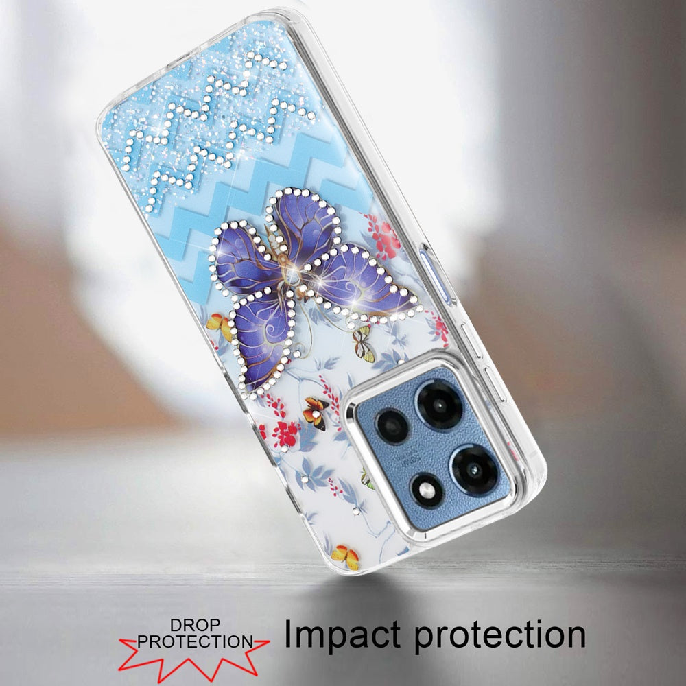 For Motorola Moto G Play 5G 2026 Butterfly Resin Epoxy Diamond Design Metal Edged Hybrid Shockproof Heavy Duty Drop Protection Case Cover