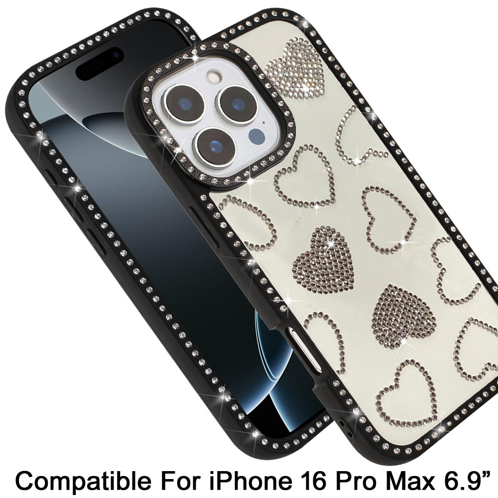 For iPhone 16 Pro Max (6.9") Spread Love Glitter Shimmer Bling Diamond Edge Hybrid Drop Protection Shockproof Design Case Cover