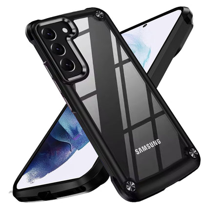 For Samsung Galaxy S21 Hybrid Transparent Rubber with Metal Buttons & Camera Edges Hard TPU Corner Frame Bumper Case Cover