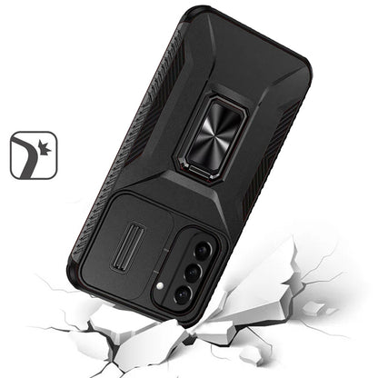 For Samsung Galaxy S21 Case, Camera Cover with Magnetic Rotation Ring Stand, Military Grade Hybrid Hard TPU Shockproof Case Cover Black