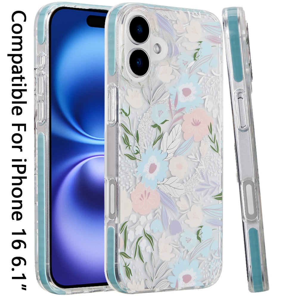 For Apple iPhone 16 (6.1") Floral Pattern Design Cute Clear Hybrid Compatible with Magsafe Double Layer Soft TPU Hard PC Back Slim Case Cover