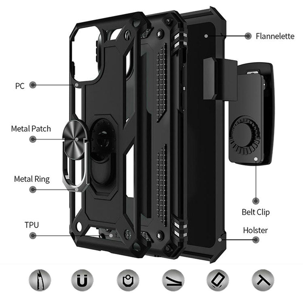 For Apple iPhone 17E /16E Hybrid Combo Belt Clip Holster with Ring Stand Holder, Military Grade Fit Magnetic Car Mount Shockproof Case Cover Black