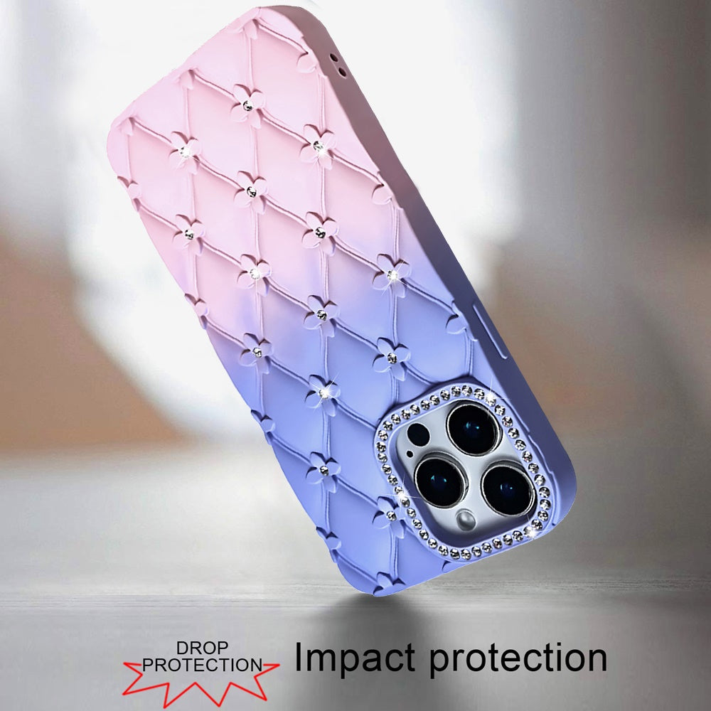 For Apple iPhone 17E /16E Fashion Flower Design Sparkle Glitter Shimmer Rhinestone Bling Floral Accents, Leather Texture TPU Case Cover