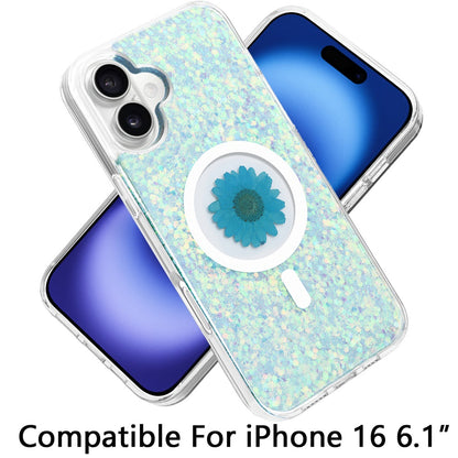 For iPhone 16 (6.1") MagSafe Compatible Glitter Flower Epoxy Hybrid Slim TPU Case, Magnetic Circle Design, Sparkly Bling Protective Case Cover Silver