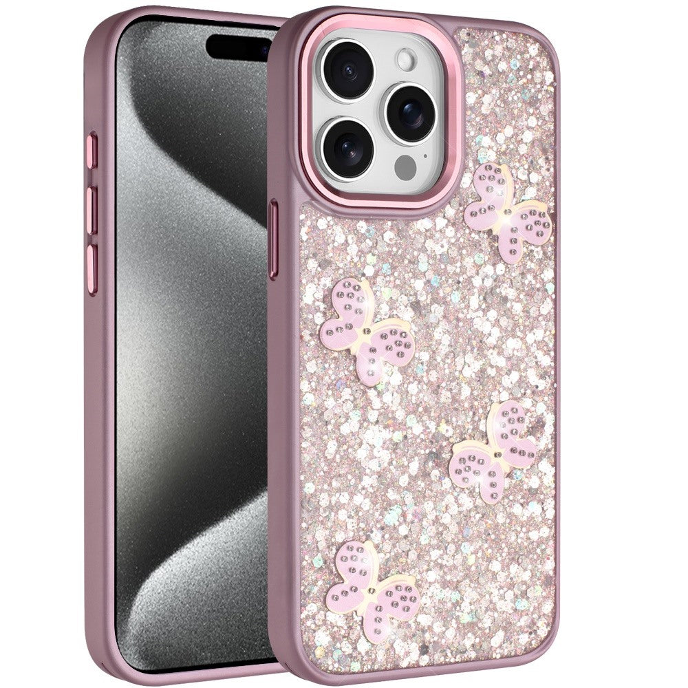 For Apple iPhone 15 Pro Max Cute Butterfly Crystal Diamond Glitter Case Sparkle Bling Frame Metallic Edges, Shimmer TPU Hybrid Case Cover