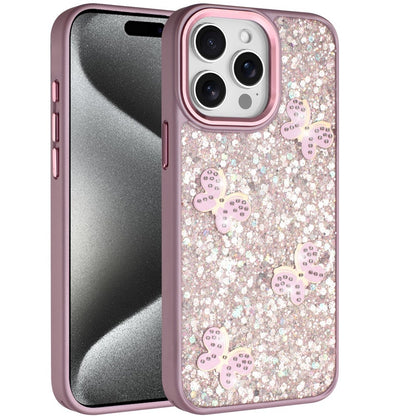 For Apple iPhone 15 Pro Max Cute Butterfly Crystal Diamond Glitter Case Sparkle Bling Frame Metallic Edges, Shimmer TPU Hybrid Case Cover