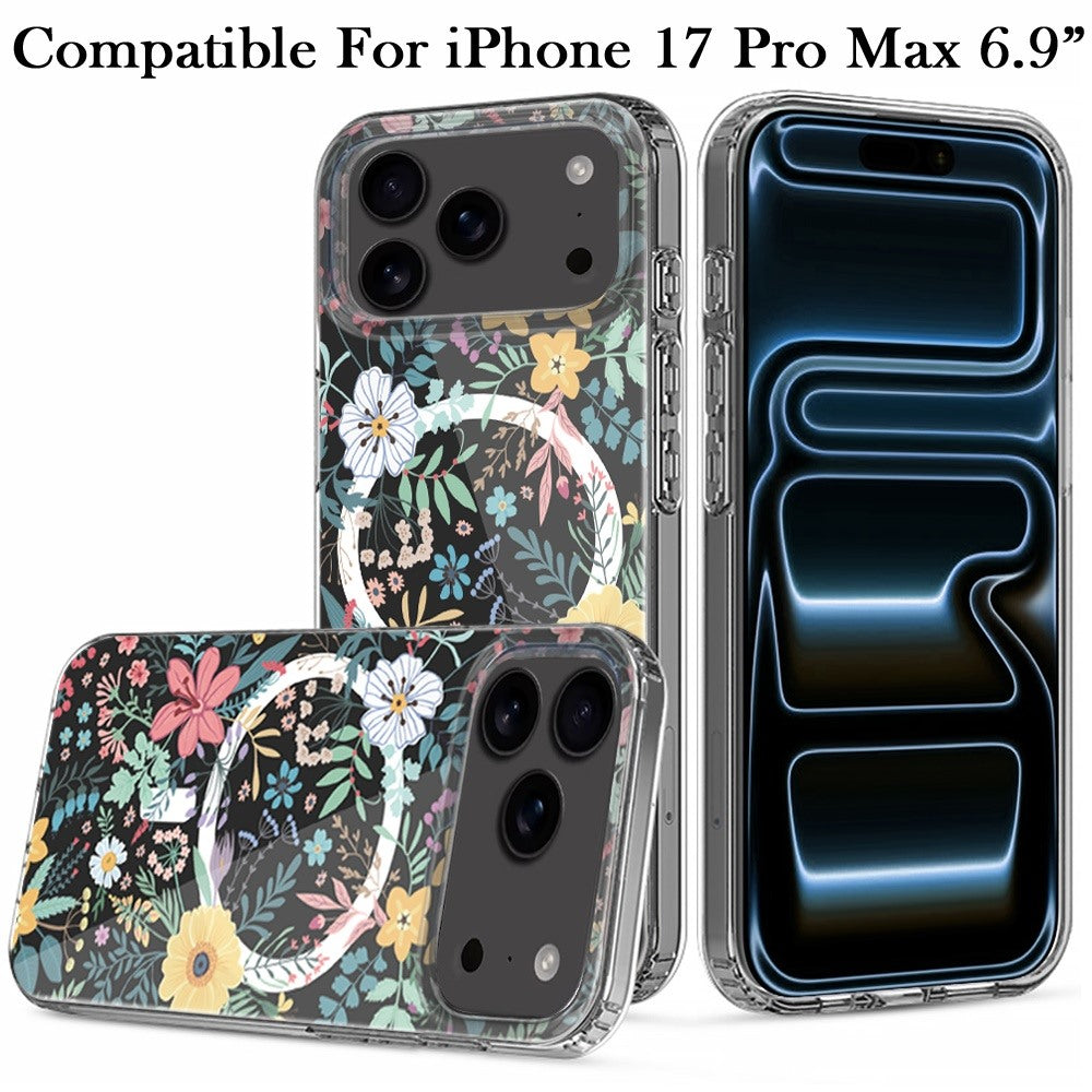 For Apple iPhone 17 Pro Max Hybrid Flower Design Stylish Fashion Case, MagSafe Compatible, Thick Shockproof Hard PC Case Cover