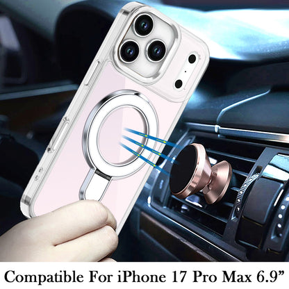 For Apple iPhone 17 Pro Max Chrome Hybrid with Rotating Magnetic Circle Ring Stand, Slim Shockproof Hybrid Case Cover