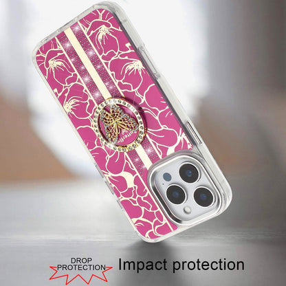 For iPhone 16 Pro Max (6.9") Diamonds 3D Butterfly Floral Design Bling Sparkly Glitter Hybrid Metal Fashion with Ring Stand Case Cover