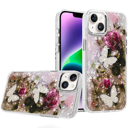 For iPhone 14/13 (6.1") Epoxy Glitter Flowers Bling 3D Butterfly Fashion TPU Hybrid with Shockproof Protection Case Cover Rose Gold