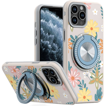 For Apple iPhone 11 Pro Max Pattern Design Hybrid with Invisible Ring Stand & Magnetic Back, Shockproof Protective Grip Case Cover Summer Blossom Flowers