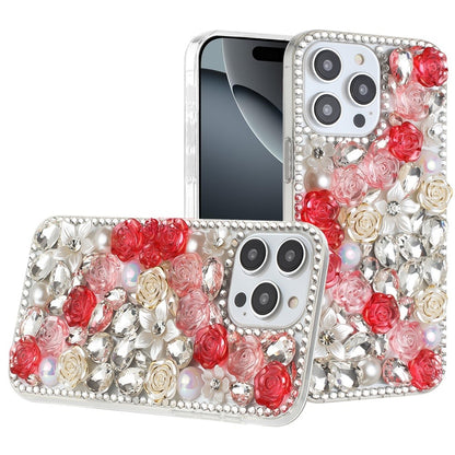 For iPhone 16 Pro Max (6.9") Fashion Rose Flower Floral, 3D Bling Crystal Full Diamonds Pearl Sparkle Rhinestone Glitter Hybrid Case Cover Gold