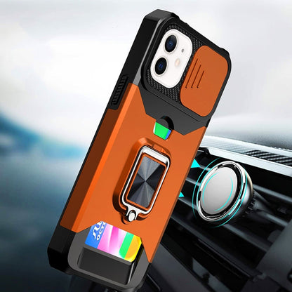 For iPhone 12 / iPhone 12 Pro (6.1") Wallet Case with Ring Stand & Slide Camera Cover Back Credit Card Slot Holder, Military Grade Case Cover Cosmic Orange