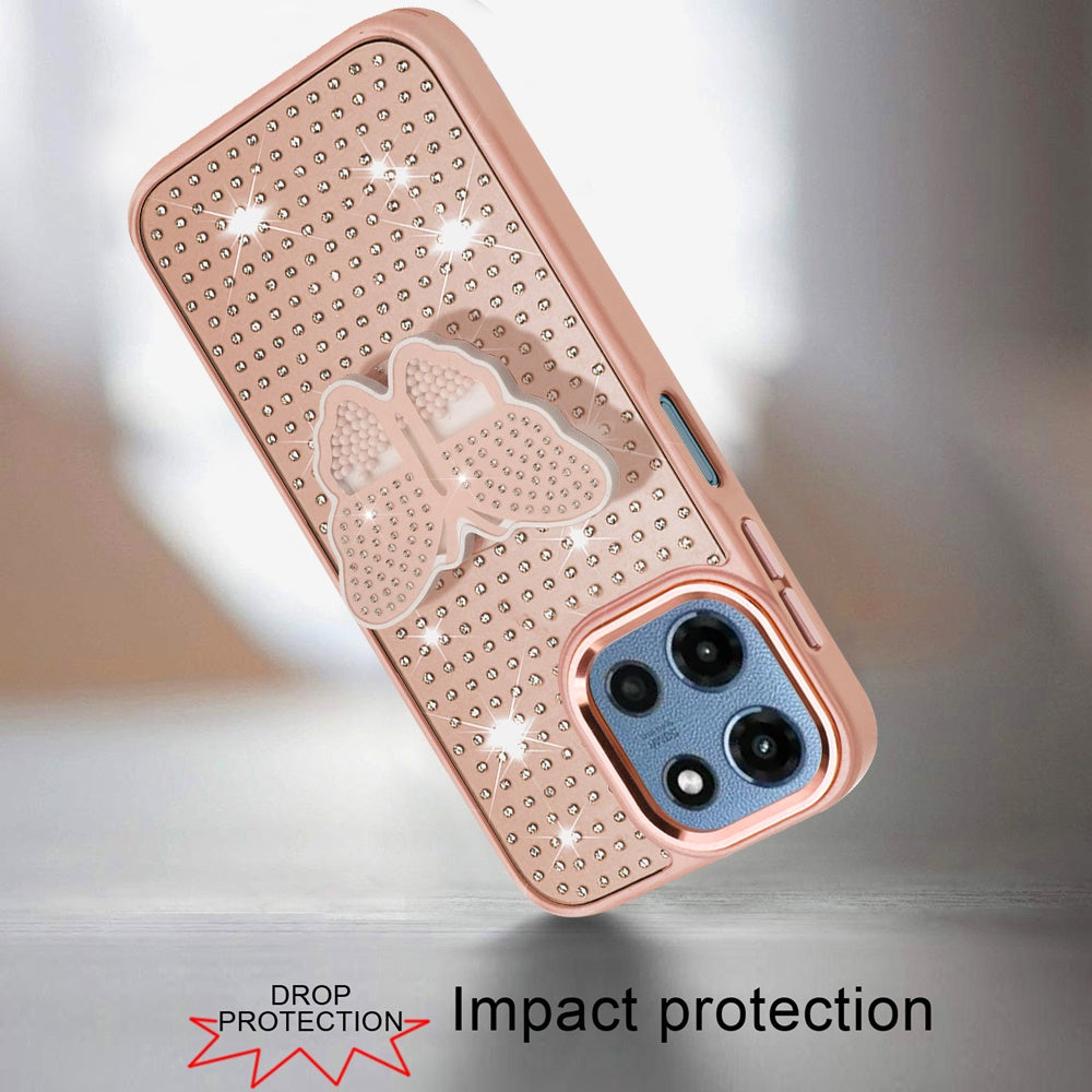 Phone Case for Motorola Moto G Play 5G 2026 Butterfly Grip Pop Stand Diamond Sparkle Hybrid Shockproof Metal Button Slim Protective Grip Decorative Design Cover Rose Gold