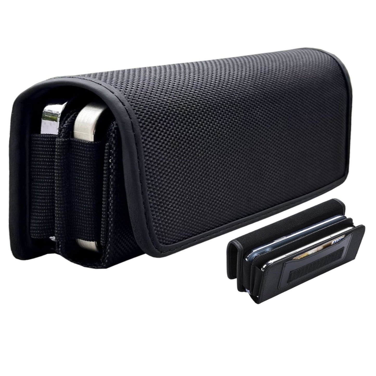 For Apple iPhone 16 Plus (6.7") Universal Dual Phone Holster Horizontal Pouch for 2 Phones, Double Decker Belt Clip Case with Credit Card Slots Wallet Cover [Black]