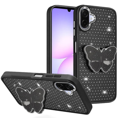 For Samsung Galaxy A07 Butterfly Moveable Grip 3D Pop Stand Full Diamond Bling Sparkling TPU Fashion Hybrid Case Cover