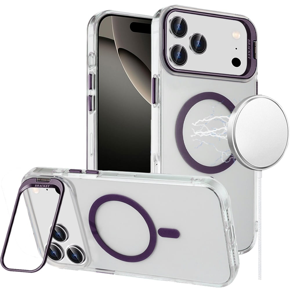 For Apple iPhone 17 Pro (6.3") Magnetic Back MagSafe Compatible Transparent Hybrid Drop Protection with Metallic Camera Stand Case Cover