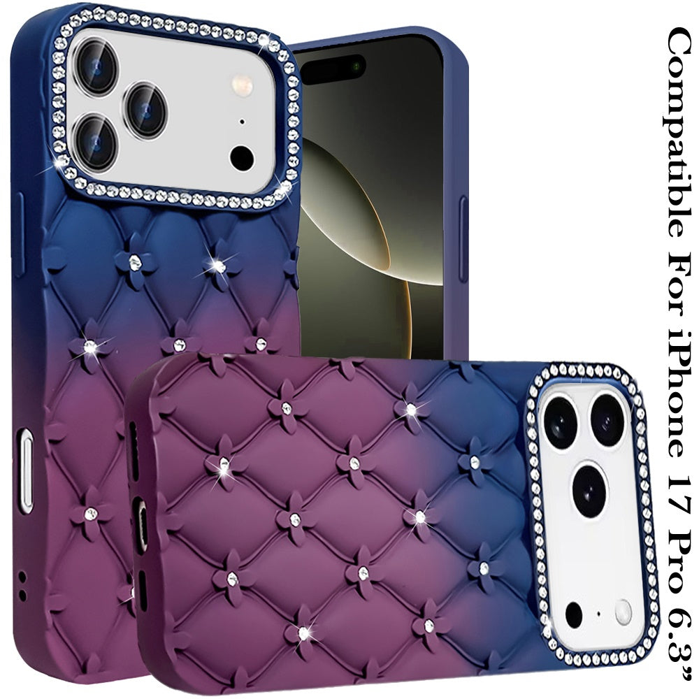 For Apple iPhone 17 Pro (6.3") Fashion Flower Design Sparkle Glitter Shimmer Rhinestone Bling Floral Accents, Leather Texture TPU Case Cover