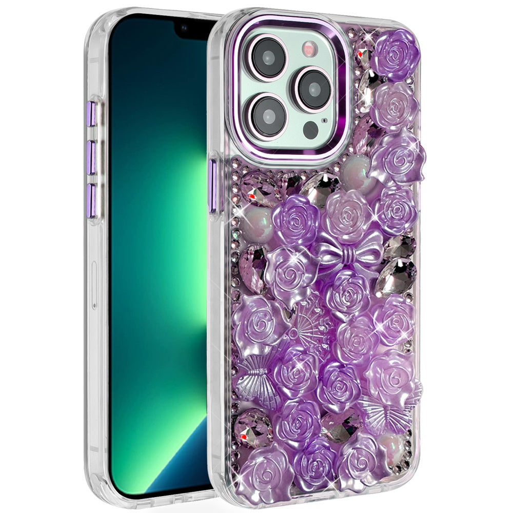 For Apple iPhone 13 Pro Max Muti-Color Floral Fashion Bling Crystal 3D Full Diamonds Stones Sparkle Rhinestone Glitter Hybrid Case Cover Green