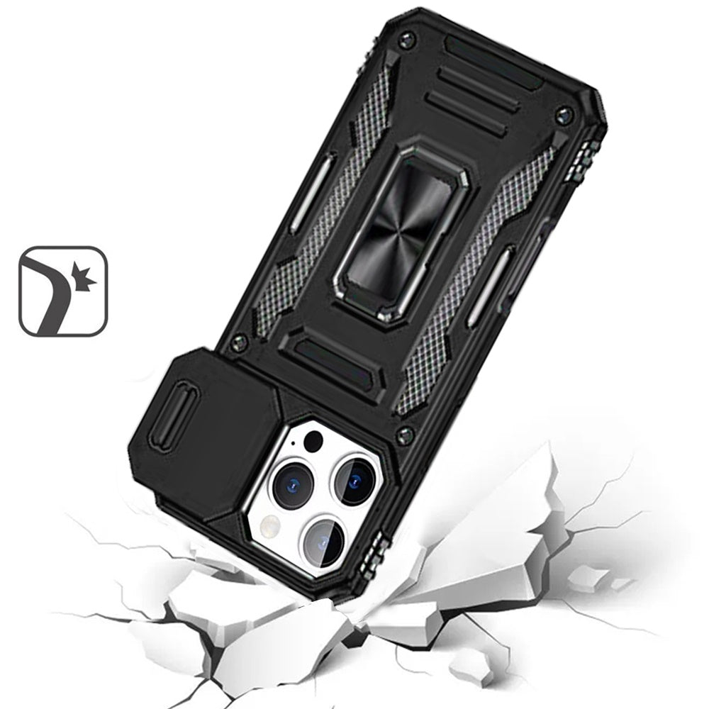 For Samsung Galaxy S20 Ultra Tough Hybrid Case with Movable Camera Window & Metal Ring Stand Shockproof Case Cover Black