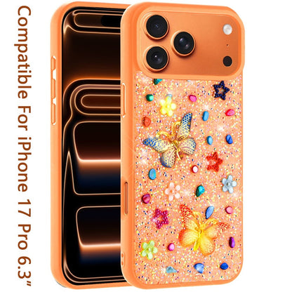 Phone Case for Apple iPhone 17 Pro 3D Butterfly Diamond Bling Glitter Shockproof Stylish Protective Luxury Hybrid Sparkly Durable Grip Design Cover Cosmic Orange