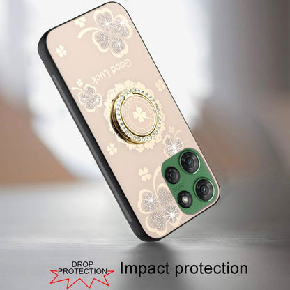 For Motorola Moto G 5G 2025 Diamonds 3D Fashion Floral Bling Sparkly Glitter Ornaments Engraving Hybrid with Ring Stand Case Cover Gold Good Luck Floral