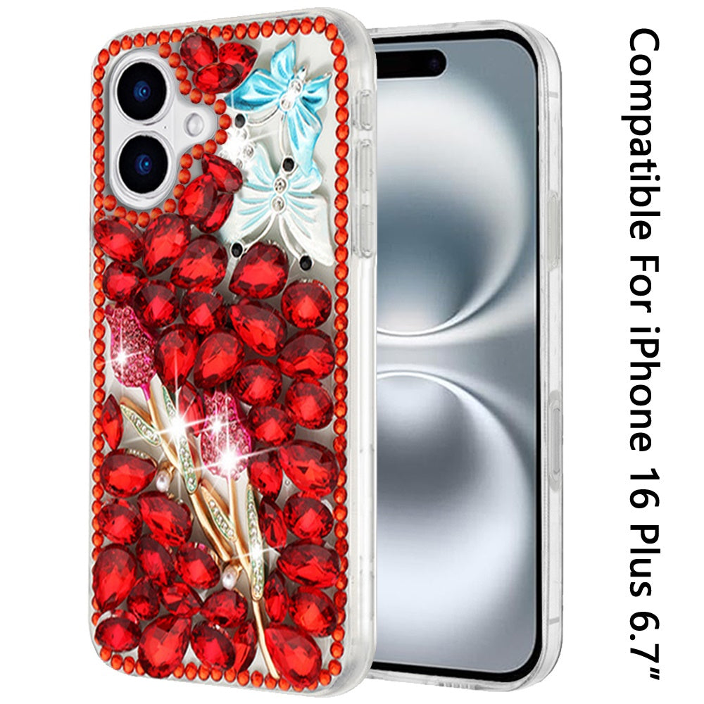 For Apple iPhone 16 Plus (6.7") Bling Crystal 3D Full Diamonds Luxury Sparkle Rhinestone Hybrid Protective Case Cover