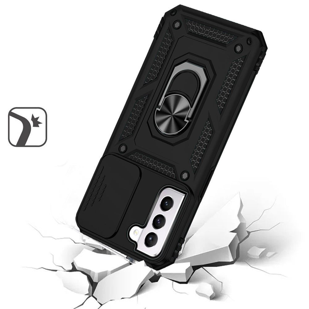 For Samsung Galaxy S21+ / S21 Plus Hybrid Ring Shockproof with 360° Rotate Ring Kickstand, Camera Lens Protection, Soft Edge Bumper Case Cover Black