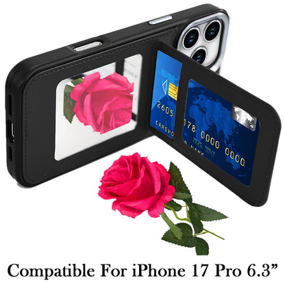 For Apple iPhone 17 Pro (6.3") PU Leather Wallet Cover with Credit Card Holder, Kickstand & Mirror Inside Slim Fit TPU & PC Hybrid Design Case Cover