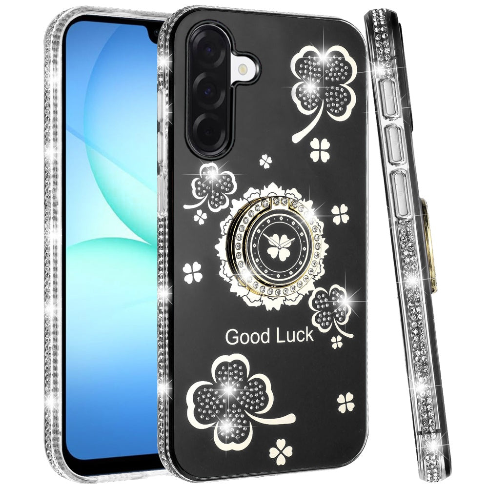 For Samsung Galaxy S25 Fan Edition /Galaxy S25 FE Diamonds Bling All Around Edges Sparkly Glitter Hybrid with Ring Stand Holder Fashion Good Luck Case Cover Black
