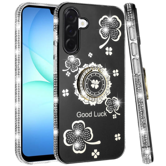 For Samsung Galaxy S25 Fan Edition /Galaxy S25 FE Diamonds Bling All Around Edges Sparkly Glitter Hybrid with Ring Stand Holder Fashion Good Luck Case Cover Black