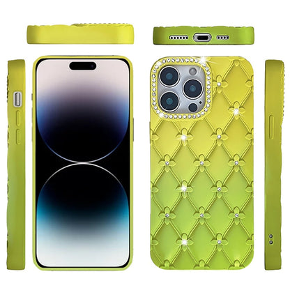 For iPhone 14 Pro Max (6.7") Fashion Flower Design Sparkle Glitter Shimmer Rhinestone Bling Floral Accents, Leather Texture TPU Case Cover