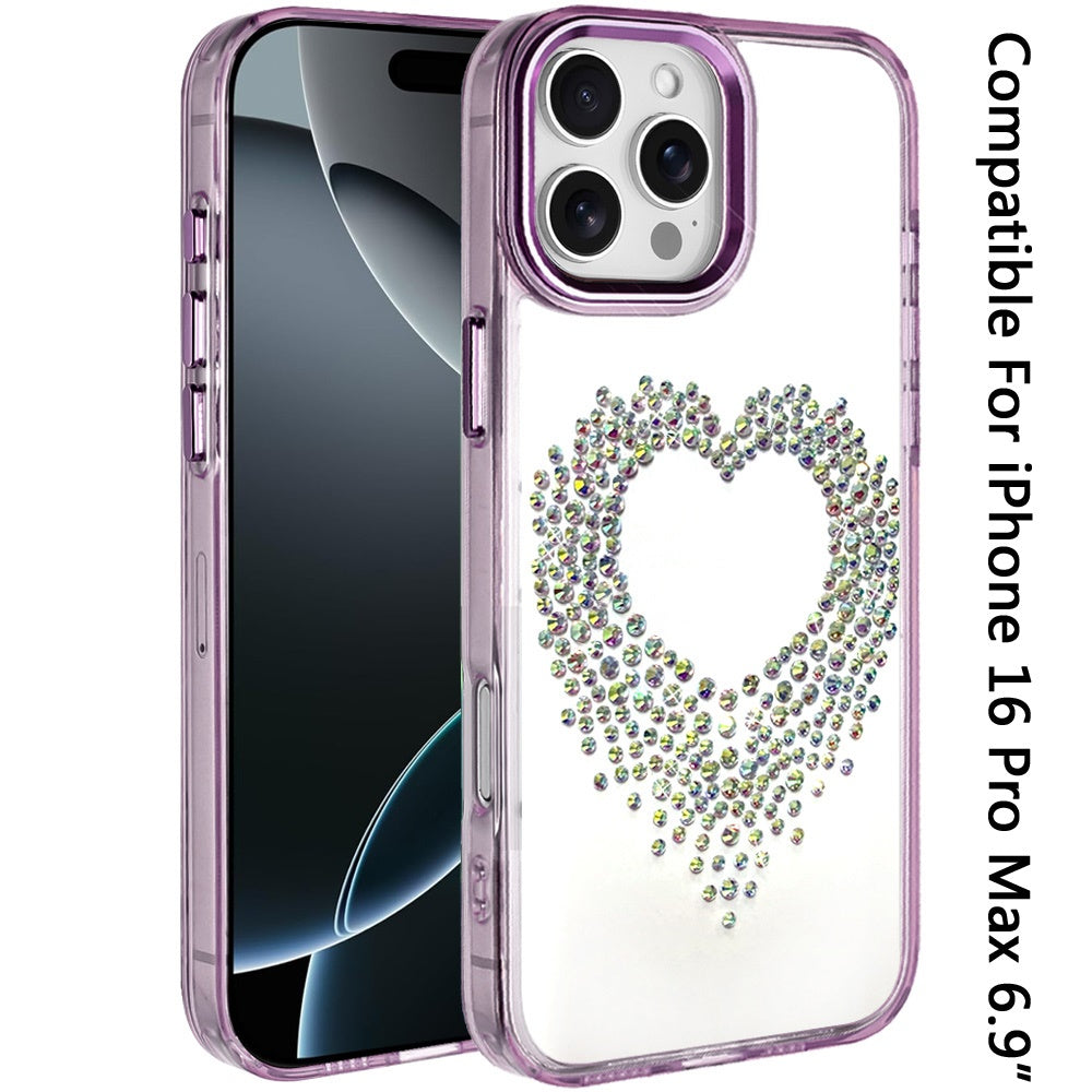 For iPhone 16 Pro Max (6.9") Angel Hearts Bling Glitter Diamond Hybrid TPU Cover, Colorful Frame Shockproof Protective Back Case Cover Purple