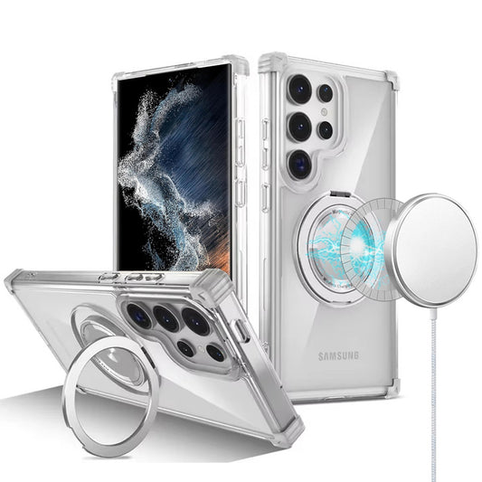 For Samsung Galaxy S22 Ultra Magnetic [Compatible with Magsafe] with 360° Rotatable Ring Holder Invisible Stand Transparent Case Cover Clear
