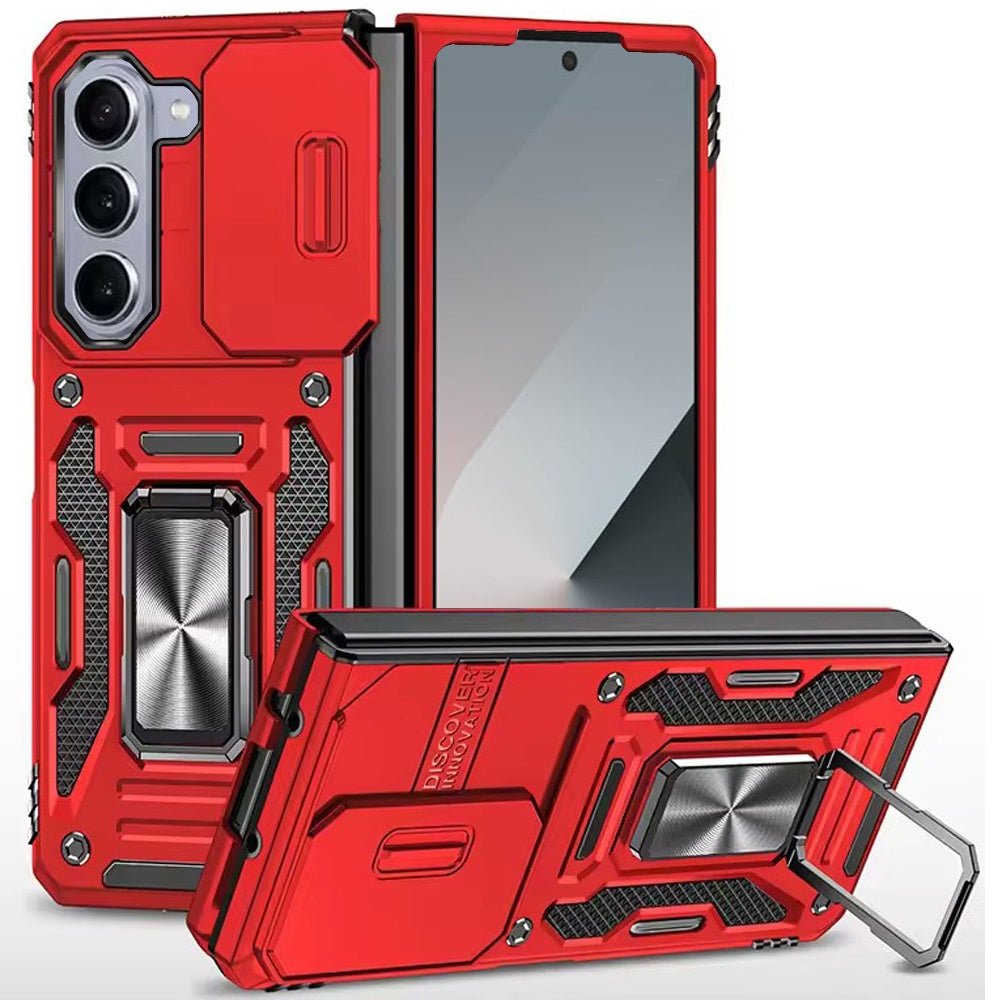 For Samsung Galaxy Z Fold 7 Tough Hybrid Case with Movable Camera Window & Metal Ring Stand Shockproof Case Cover Red