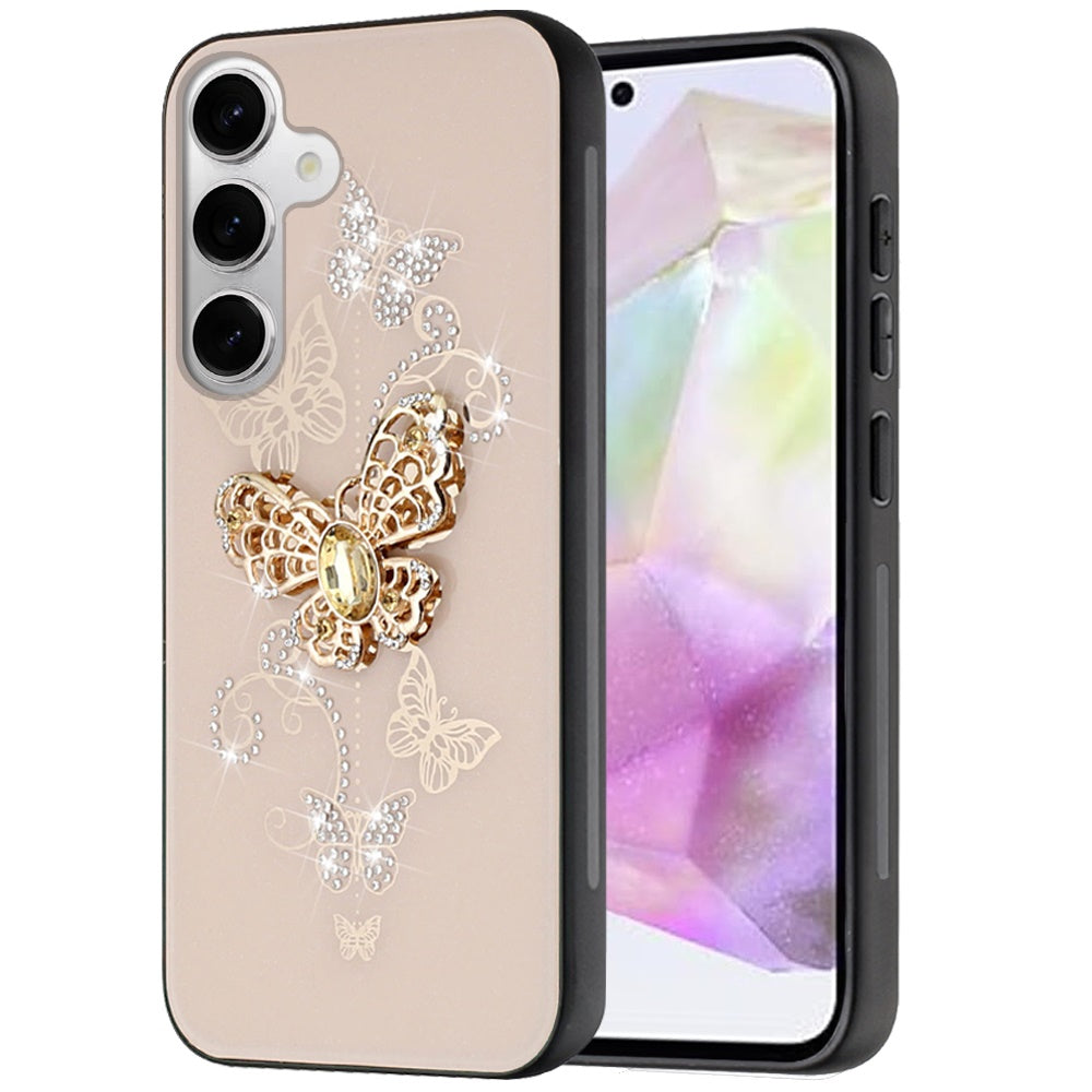 For Samsung Galaxy A36 Diamonds 3D Butterfly Bling Sparkly Glitter Ornaments Engraving Hybrid Metal Fashion Case Cover Gold Garden Butterflies