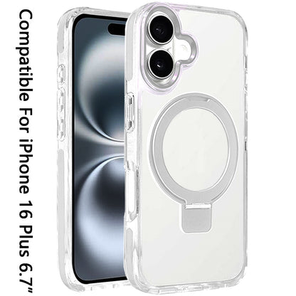For Apple iPhone 16 Plus (6.7") Hybrid Transparent Circle Back Ring Kickstand [Compatible with MagSafe] Shockproof Color Frame Bumper Case Cover