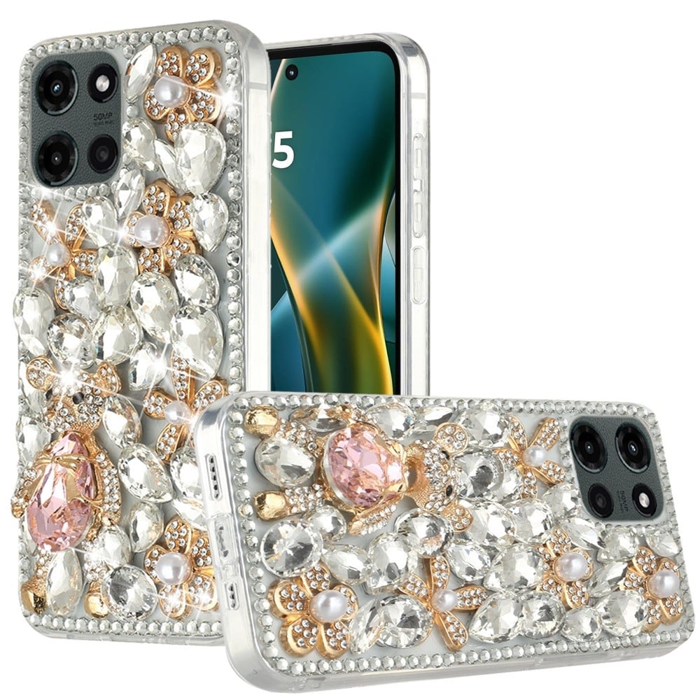 For Motorola Moto G Stylus 5G 2026 /2025 Bling Crystal 3D Full Diamonds Luxury Sparkle Rhinestone Hybrid Protective Case Cover Silver Panda Floral