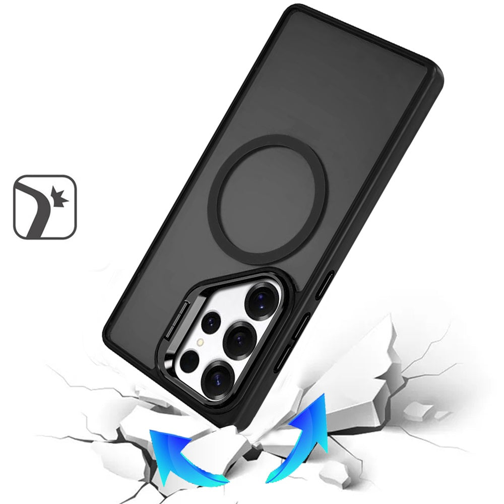 For Apple iPhone 13 Pro Heavy Duty Metallic Hybrid Tough TPU with Camera Ring Stand, MagSafe Compatible, Rugged Drop Protection Case Cover Black