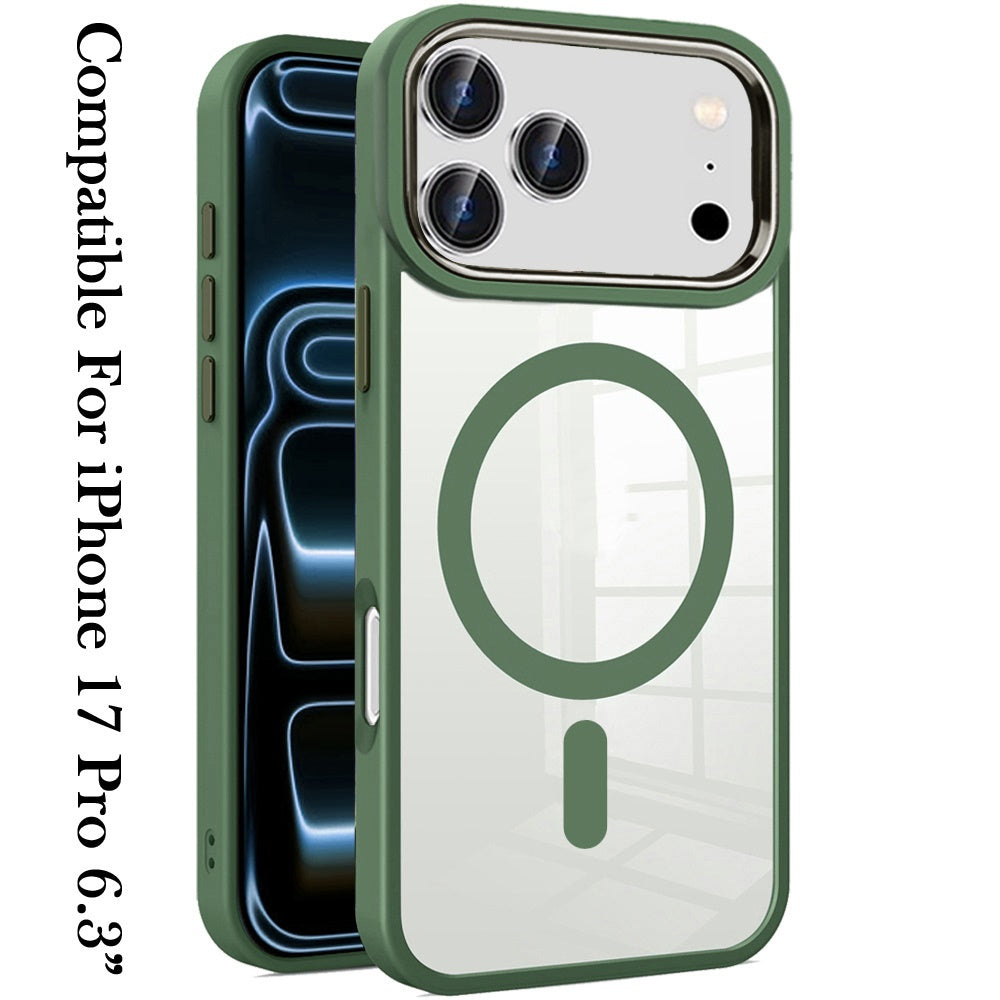 Phone Case for Apple iPhone 17 Pro Clear Acrylic Magnetic Circle Shockproof Hybrid Metal Button TPU Drop Protection Rugged Slim Durable Armor Cover Midnight Green