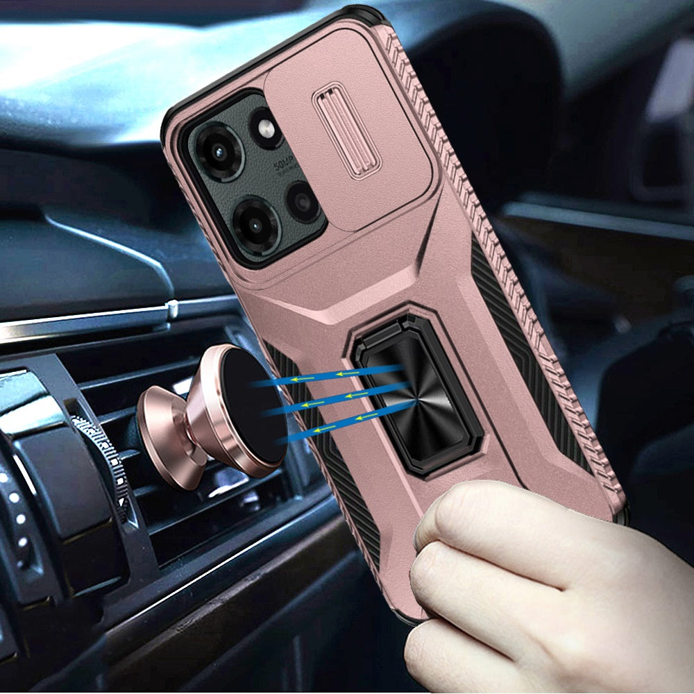 For Motorola Moto G Stylus 5G 2025 Case, Camera Cover with Magnetic Rotation Ring Stand, Military Grade Hybrid Hard TPU Shockproof Case Cover Rose Gold