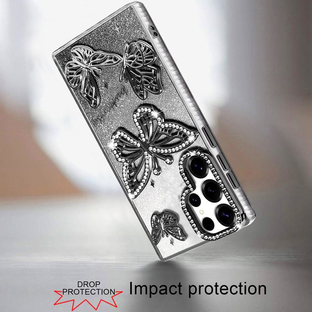 For Samsung Galaxy S26 Ultra Luxury Butterfly Sparkle Glitter Diamond Crystal Rhinestone Shimmer Bling Plating Thick TPU Hard PC Case Cover