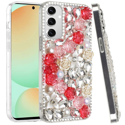 For Samsung Galaxy S24 Fan Edition /Galaxy S24 FE Fashion Rose Flower Floral Bling Crystal 3D Full Diamonds Pearl Sparkle Rhinestone Glitter Hybrid Case Cover Red