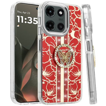 For Motorola Moto G 5G /Moto G 2025 Diamonds 3D Butterfly Floral Design Bling Sparkly Glitter Hybrid Metal Fashion with Ring Stand Case Cover