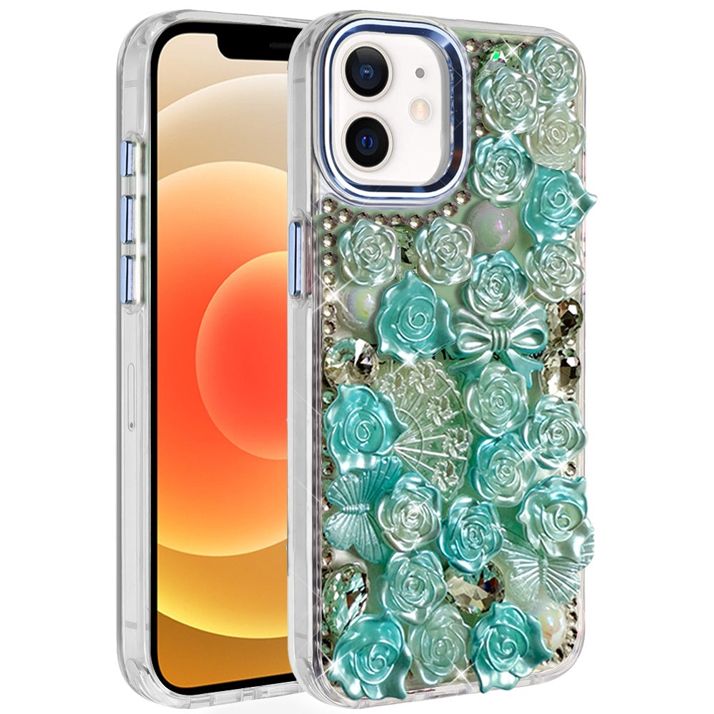 For iPhone 12 / iPhone 12 Pro (6.1") Muti-Color Floral Fashion Bling Crystal 3D Full Diamonds Stones Sparkle Rhinestone Glitter Hybrid Case Cover Green