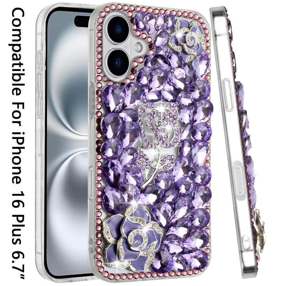 For Apple iPhone 16 Plus (6.7") Bling Crystal 3D Full Diamonds Luxury Sparkle Rhinestone Hybrid Protective Case Cover