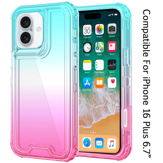 For Apple iPhone 16 Plus (6.7") Hybrid 3in1 Clear Two Color Tone Transparent Shockproof Rubber TPU + Hard Protective Frame Case Cover Blue Teal + Pink