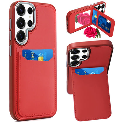 For Samsung Galaxy S25 Ultra PU Leather Wallet Cover with Credit Card Holder, Kickstand & Mirror Inside Slim Fit TPU & PC Hybrid Design Case Cover