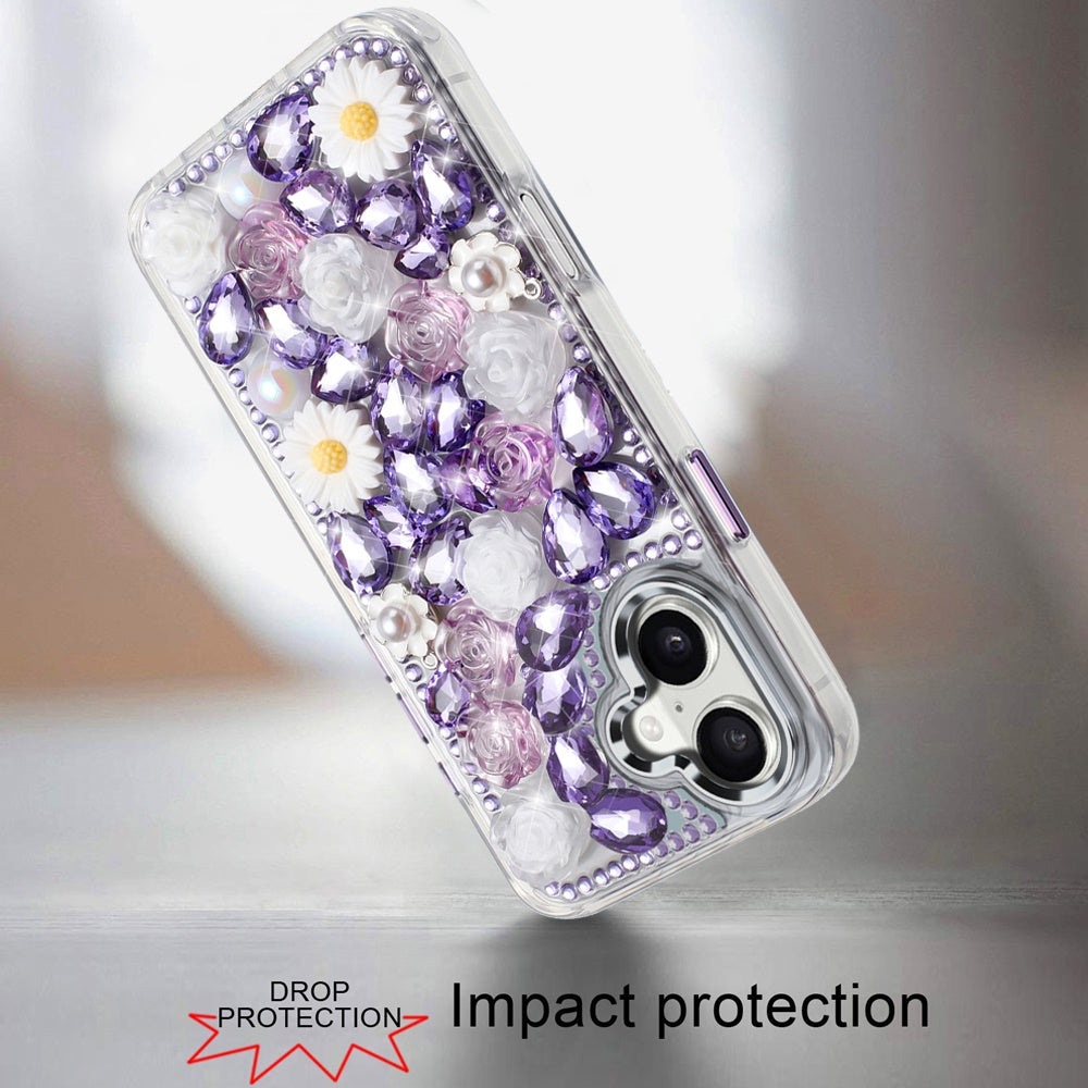 For Apple iPhone 16 Pro (6.3") Fashion Daisy Floral Series, Full 3D Bling Crystal Diamonds Sparkling Rhinestone Glitter Hybrid Design Case Cover Purple