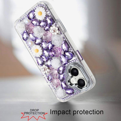 For Apple iPhone 13 Pro Max Fashion Daisy Floral Series, Full 3D Bling Crystal Diamonds Sparkling Rhinestone Glitter Hybrid Design Case Cover Purple